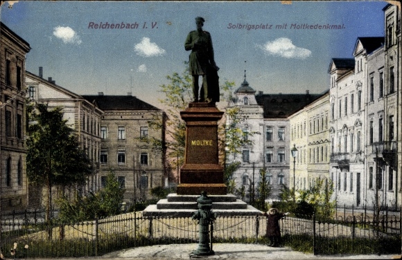 Postcard Reichenbach im Vogtland, Solbrigsplatz with Moltke monument