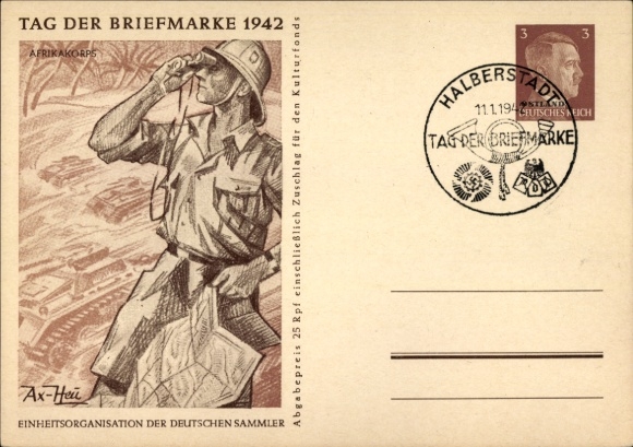 Postal stationery artist PC Axster Heudtlaß, Afrikakorps, Stamp Day 1942