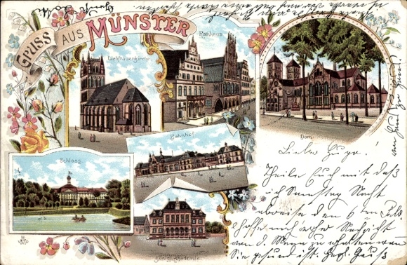 Litho Münster in Westfalen, Bahnhof, Liebfrauenkirche, Rathaus, Dom, Schloss, Kgl. Akademie