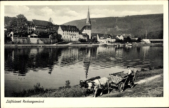 Ak Neckargemünd am Neckar, Schöne Landschaft, Flussansicht,  Gebäude, Kirche, Karren