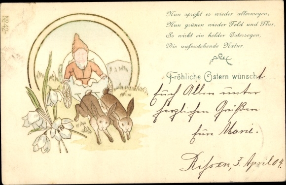 Litho Froh Ostern, Hasen ziehen Zwerg in Eierkutsche