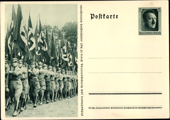 Postal stationery PC Nuremberg, Nazi Party Rally 1937, SA men with flags