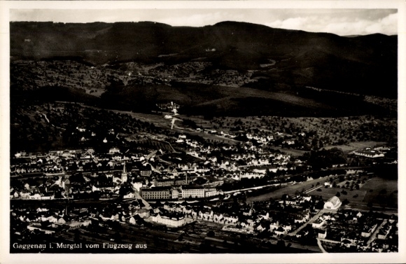Postcard Gaggenau in the Murgtal Black Forest, aerial view of Murgtal, buildings and landscape