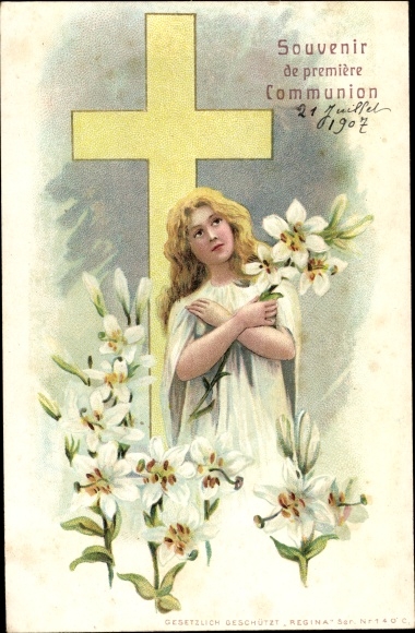 Chromo-Litho Souvenir de premiere Communion, communion, woman, cross, lilies