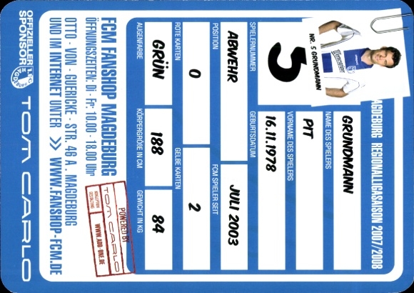 Handtekeningkaart voetballer Pit Grundmann, 1. FC Magdeburg, handtekening