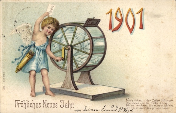 Chromo-Litho New Year's greetings, year 1901, angel, lottery drum