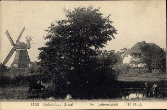 Postcard Ostseebad Graal Müritz, teacher's pond, windmill