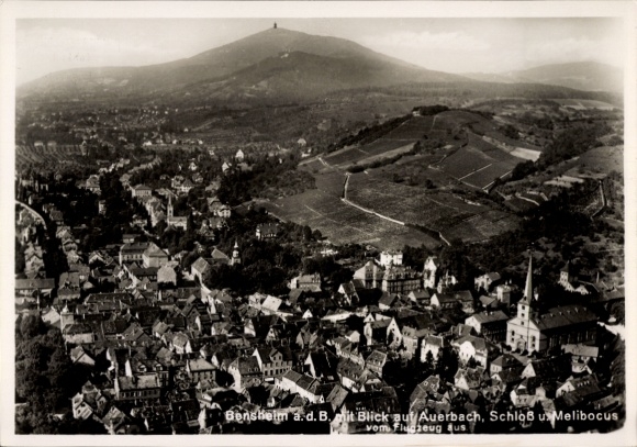 Postcard Bensheim on the Bergstraße Hesse, aerial photograph, Auerbach, castle, Melibocus