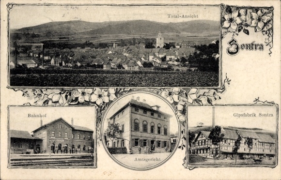 Postcard Sontra in Hessen, railway station, track side, gypsum factory, district court, total view