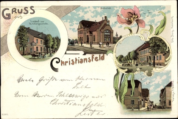 Chromo-Litho Christiansfeld Kolding Denmark, train station, track side, inn to the Brethren community