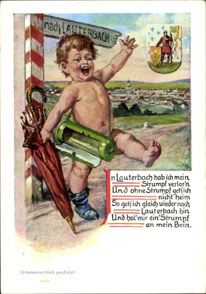 Coat of arms artist Postcard Lauterbach in Hessen, child with lost stocking, signpost