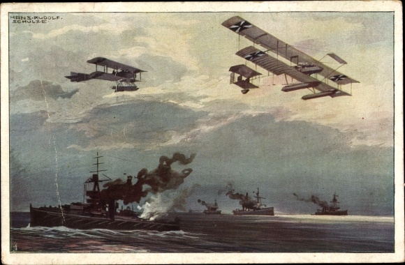Artist PC Schulze, Hans Rudolf, seaplanes over the English fleet, I. WW