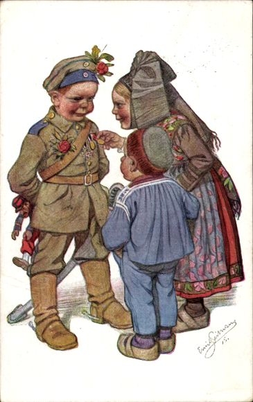 Artist Postcard Beithan, E., Boy in Uniform, Soldier, Children in Alsatian Costumes