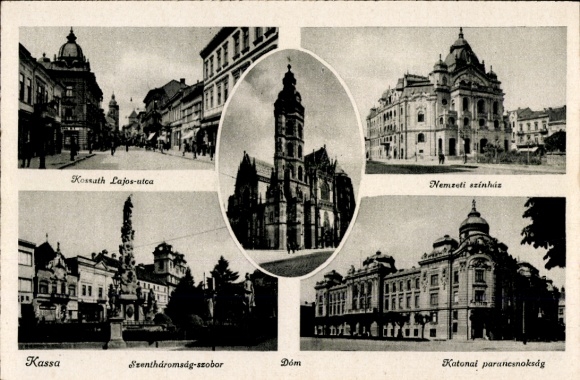 KP Košice Kassa Koschau Słowacja, Kossuth Lajos utca, Nemzeti Színház, Szentháromság-szobor, Dóm,