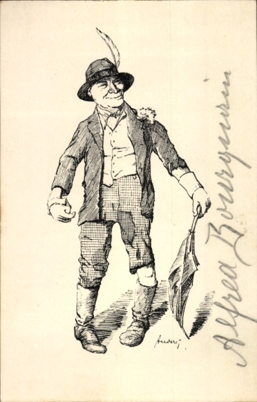Ak Auvers sur Oise Val d'Oise, Zeichnung eines Mannes mit Hut, Stock und Handschuhen.