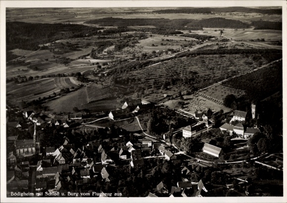 Postcard Bödigheim Buchen im Odenwald Baden, aerial photograph with castle and fortress