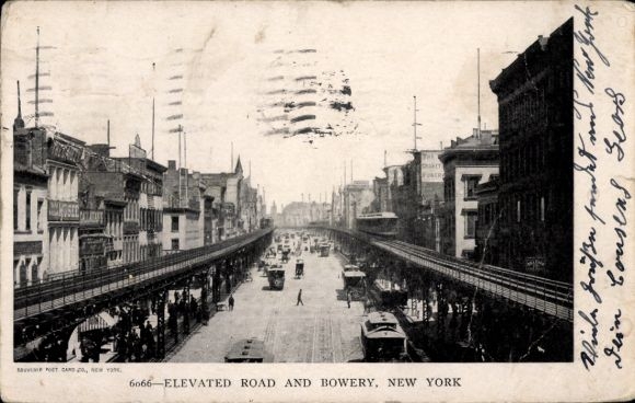 Postcard New York City USA, Elevated Road, Bowery, street view, vehicles