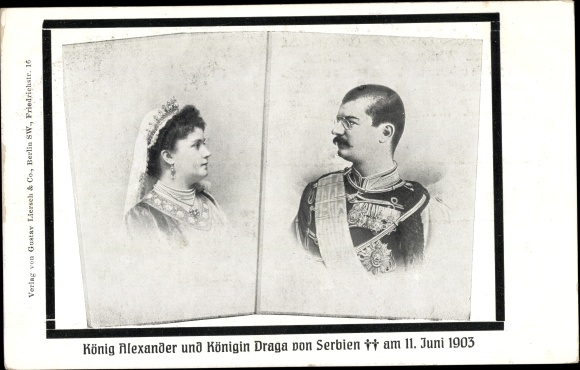 Postcard portrait of King Alexander of Serbia, Queen Draga, death card 1903