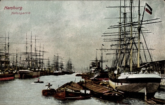Postcard Hamburg, harbor, sailing ships
