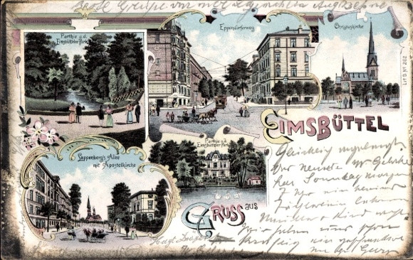 Chromo-Litho Hamburg Eimsbüttel, Lappenberg-Allee, Christ Church, parks, Eppendorfer Weg