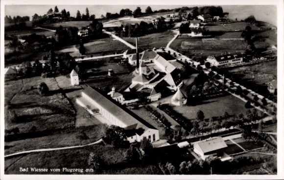 Postcard Bad Wiessee in Upper Bavaria, aerial view of factories, landscape, forests, roads