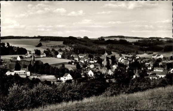 Postcard Denklingen Reichshof Oberbergischer Kreis, landscape photograph, church, houses, trees, fields