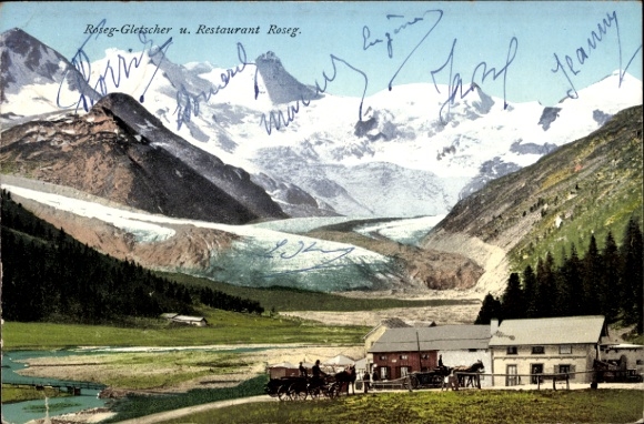 Postcard Graubünden, Roseg Glacier and Restaurant Roseg