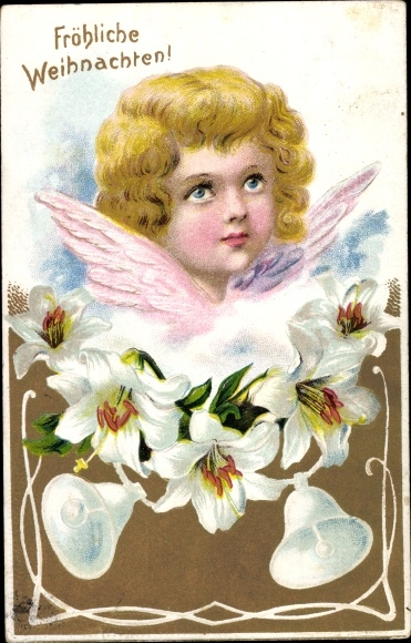 Postcard congratulations Christmas, angels, lilies, bells