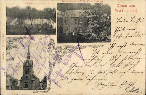 Postcard Marieney Mühlental in the Vogtland, material goods store, castle, church