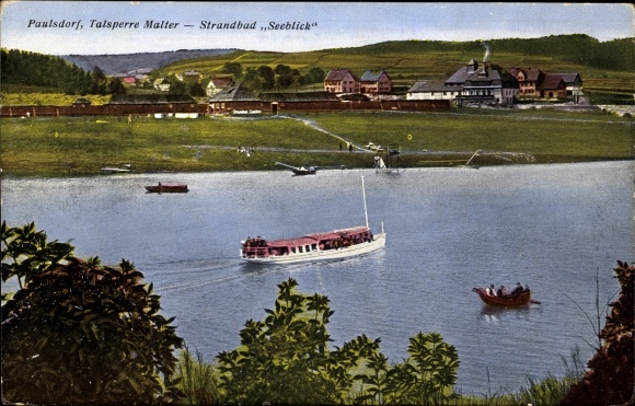 Postcard Paulsdorf Dippoldiswalde in the Eastern Ore Mountains, Malter dam, Seeblick lido, steamer