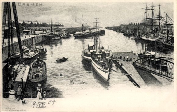 Chromo-Litho Hanseatic City of Bremen, Free Port, sailing ship, steamer