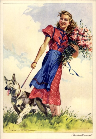 Künstler Ak Indanthrenerl, Farbenfroh wie die Natur, Reklame Indanthren, Trachtenkleid, Schäferhund