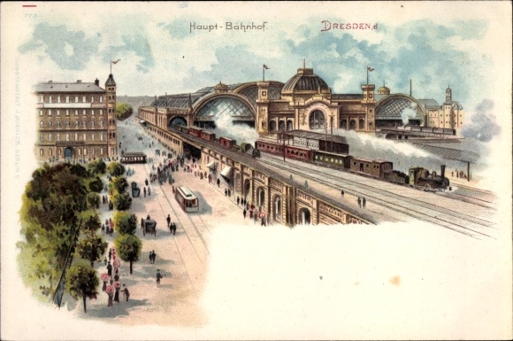 Litho Dresden, zicht op het centraal station, treinen, voorbijgangers, tram