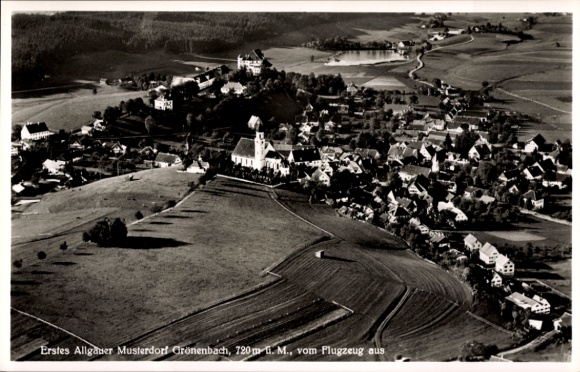 Postcard Bad Grönenbach in Allgäu, aerial view of Allgäu, church visible, landscape