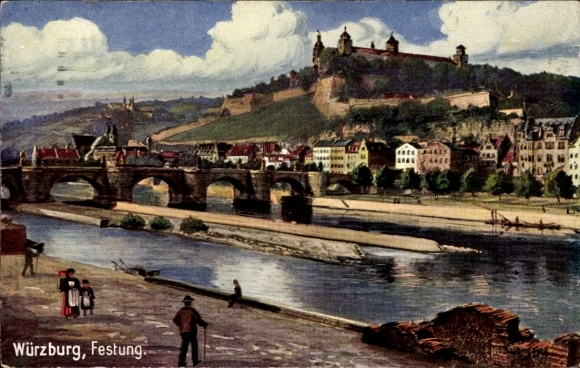Artist Postcard Würzburg am Main Lower Franconia, Marienberg Fortress, Bridge, Mainpartie