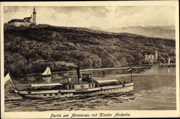 Postcard Andechs am Ammersee, Andechs Monastery, Andechs steamer