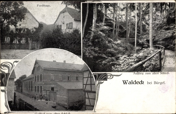 Ansichtkaart Waldeck in Thüringen, boswachtershut, herberg, klim naar het oude kasteel