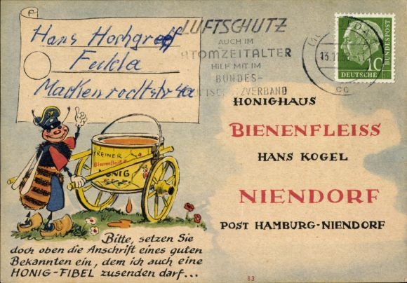Postcard Hamburg Eimsbüttel Niendorf, Honey House Bienenfleiss Hans Kogel