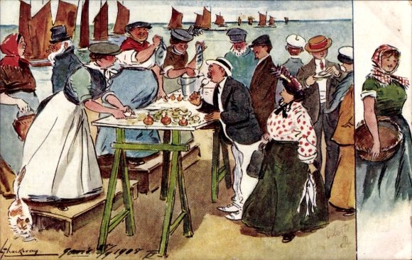 Artist Postcard Thackeray, Lance, fish market, market stall