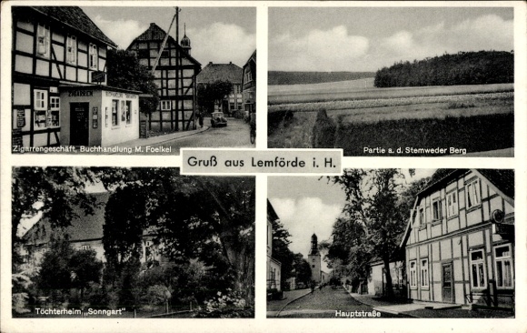 Ansichtkaart Lemförde Nedersaksen, winkel M. Foelkel, landschapsgezicht, dochterhuis Sonnegart, hoofdstraat