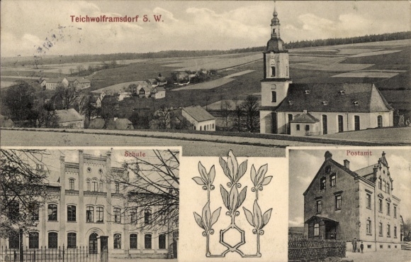 Ak Teichwolframsdorf in Thüringen, Gesamtansicht, Schule, Post