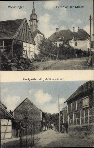 Ak Weddingen Vienenburg Goslar am Harz, An der Kirche, Dorfpartie, Jubiläumslinde