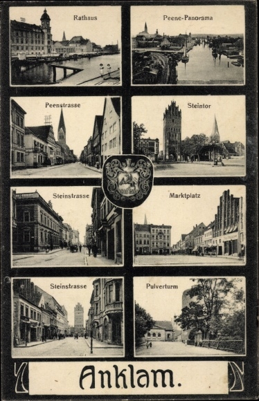 Ak Anklam, stadhuis, Peene, Steinstrasse, kruittoren, stenen poort, marktplein, Peenstrasse, wapenschild