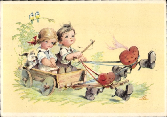 Artist Postcard Salac, AL, children in a wooden wagon, humanized hearts in boots, dog