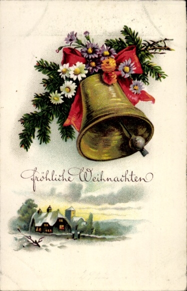 Ak Glückwunsch Weihnachten, Glocke, Blumen, Tannenzweig