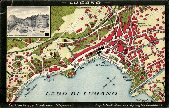 Mapa miasta KP Lugano Canton Ticino Switzerland, Lake Lugano, Hotel Belvedere