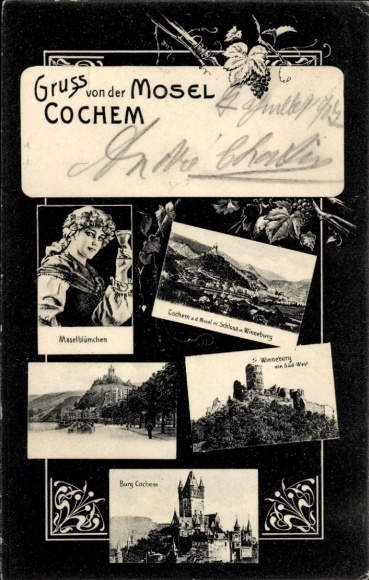 Ak Cochem an der Mosel, Burg Cochem, Winneburg, Moselblümchen, Frau mit Weinglas