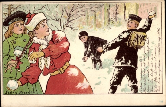 Artist PC Nyström, Jenny, girls and boys having a snowball fight