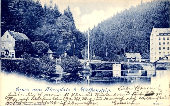Ak Floßplatz Wolkenstein im Erzgebirge, Brücke, Wald, Häuser