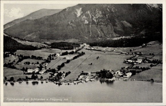Postcard Fischhausen Schliersee in Upper Bavaria, aerial view of Fischhausen, Schliersee, houses, water